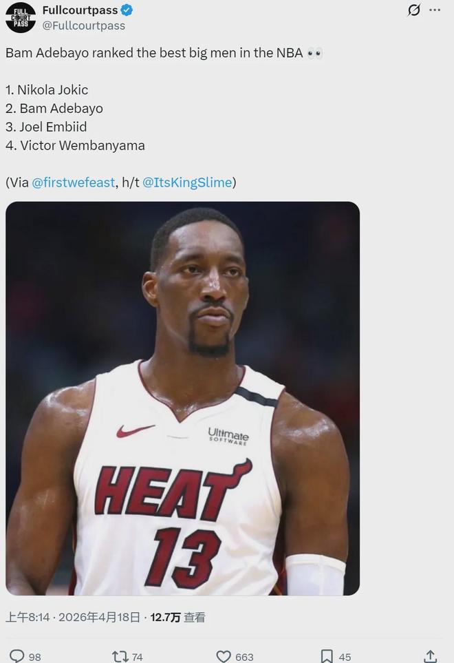 阿德巴约自评NBA中锋排名：约基奇第一自己第二